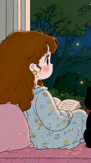 月夜窗边少女与黑猫
