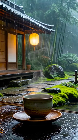 竹林木屋雨景