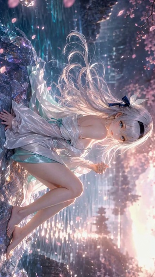 樱花湖畔白发少女