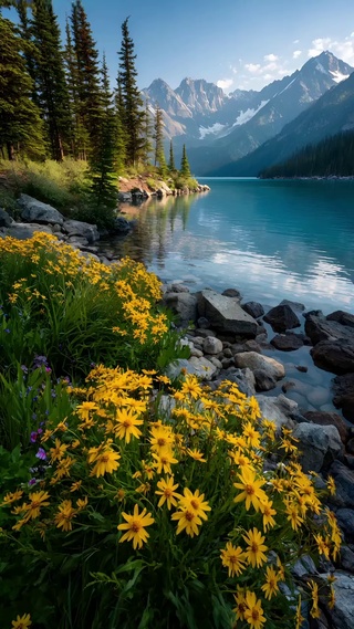 山湖静谧，黄花漫岸