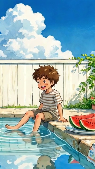 后院泳池边的夏日少年与小狗