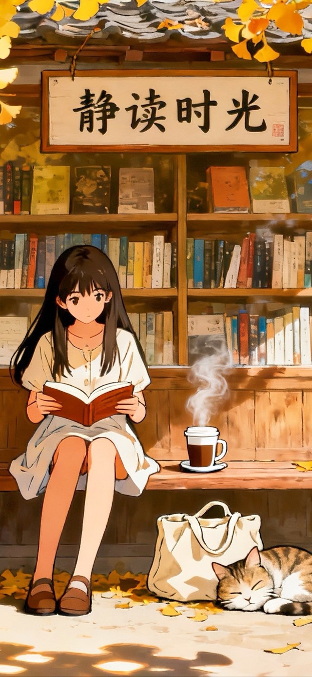 书店门口的女孩和猫咪
