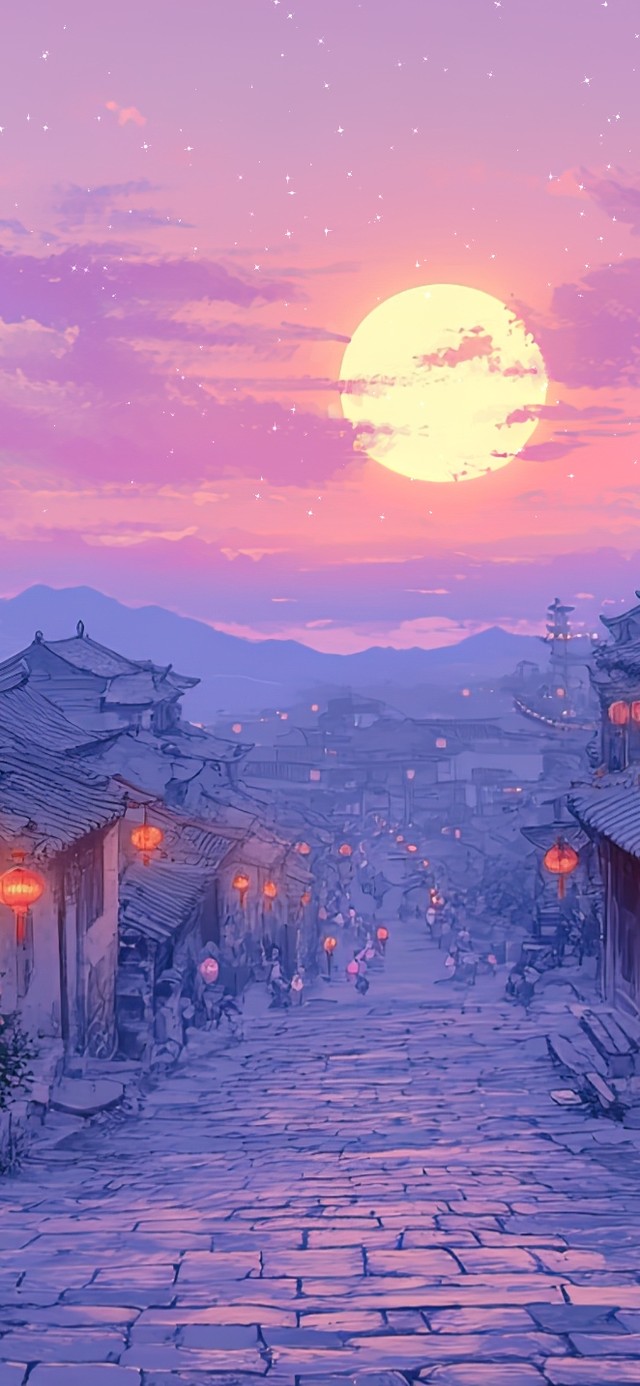 唯美紫色晚霞古镇