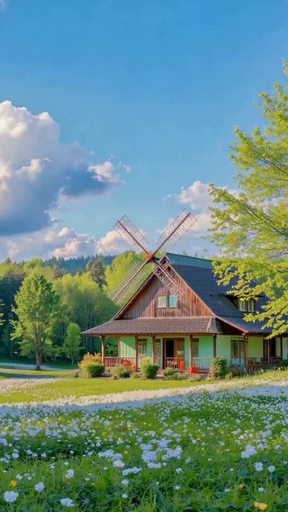 春日花海林间风车小屋风景