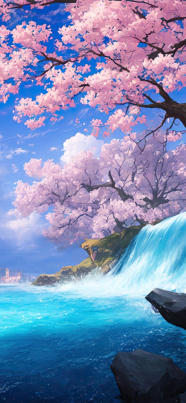 唯美樱花飘落河流