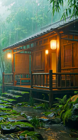 幽静竹林木屋