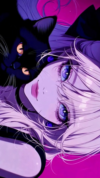 粉紫蓝瞳少女与黑猫