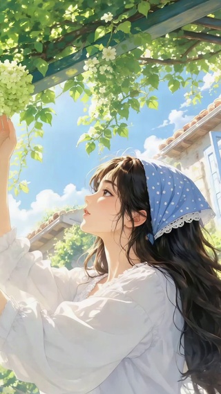 晴日花架下的治愈少女
