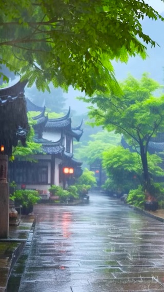 江南古镇雨景