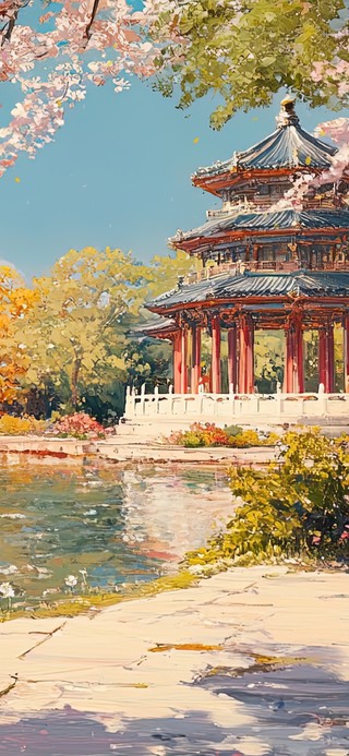 春日古镇湖畔插画风景
