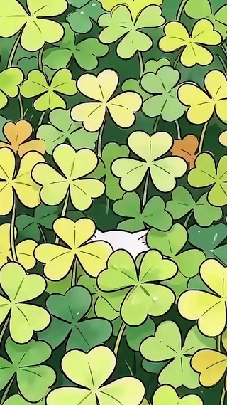 四叶草丛中偷吃鱼的小猫