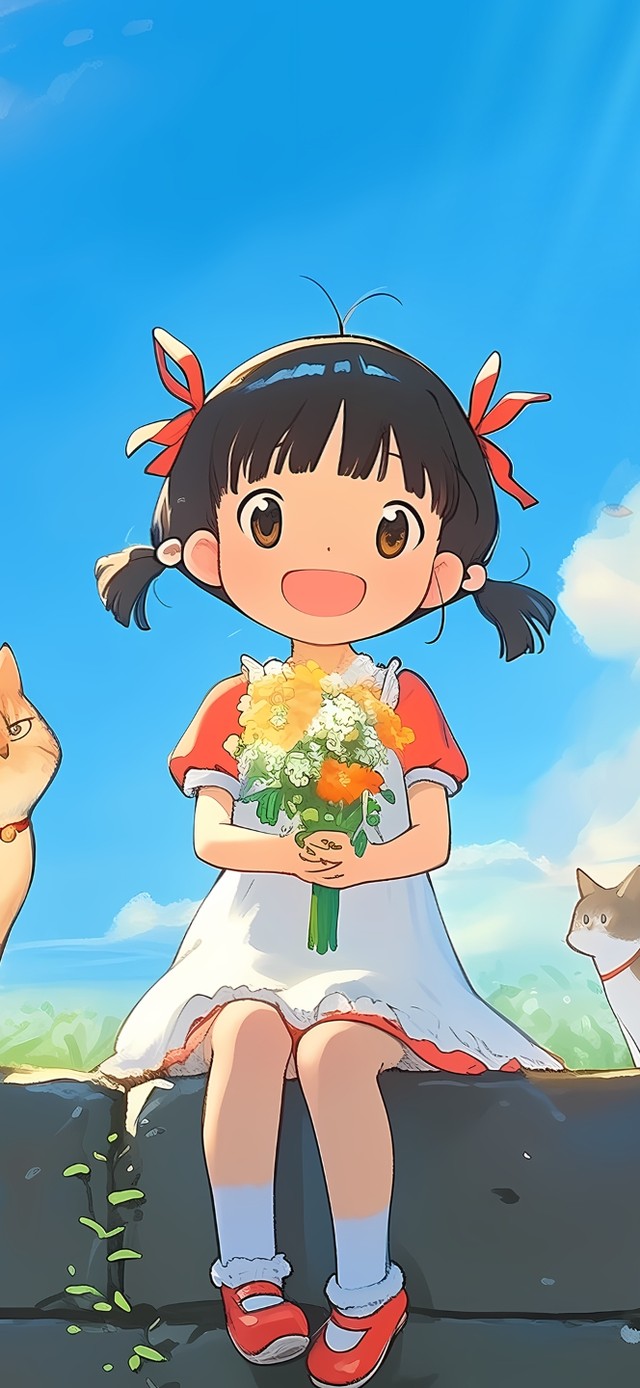 田野间猫咪和女孩