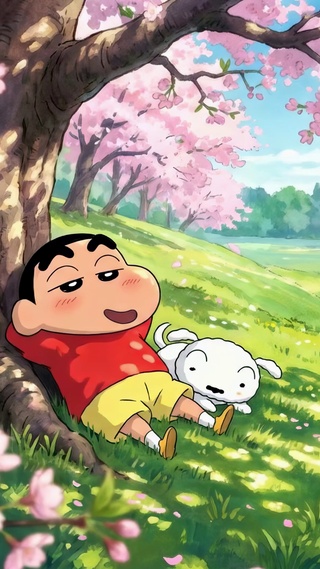 樱花树下的蜡笔小新与小白