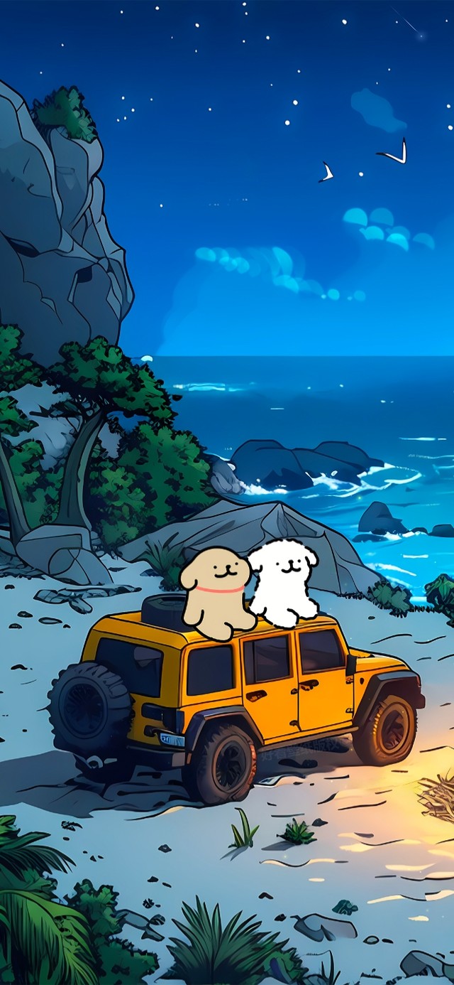 线条小狗仲夏海滩夜