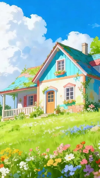 白云花草树木房屋