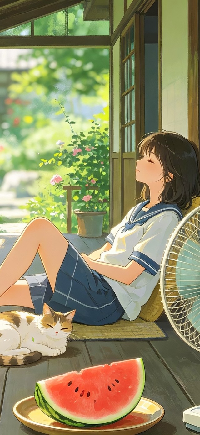 长廊上午休的女孩与猫咪