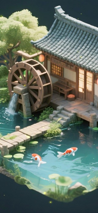 水车荷塘锦鲤小屋