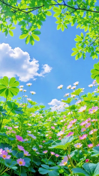 蓝天白云花丛治愈风景