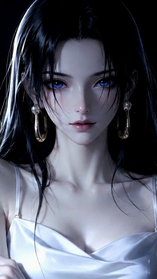 清冷蓝眼黑发白裙美少女