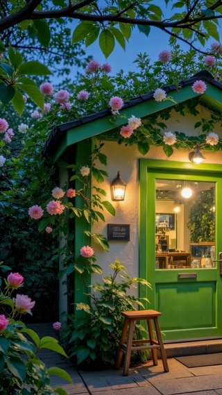 夜晚花园小屋