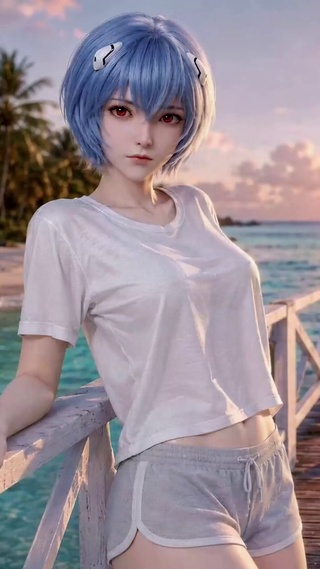 海边夕阳蓝发绫波丽