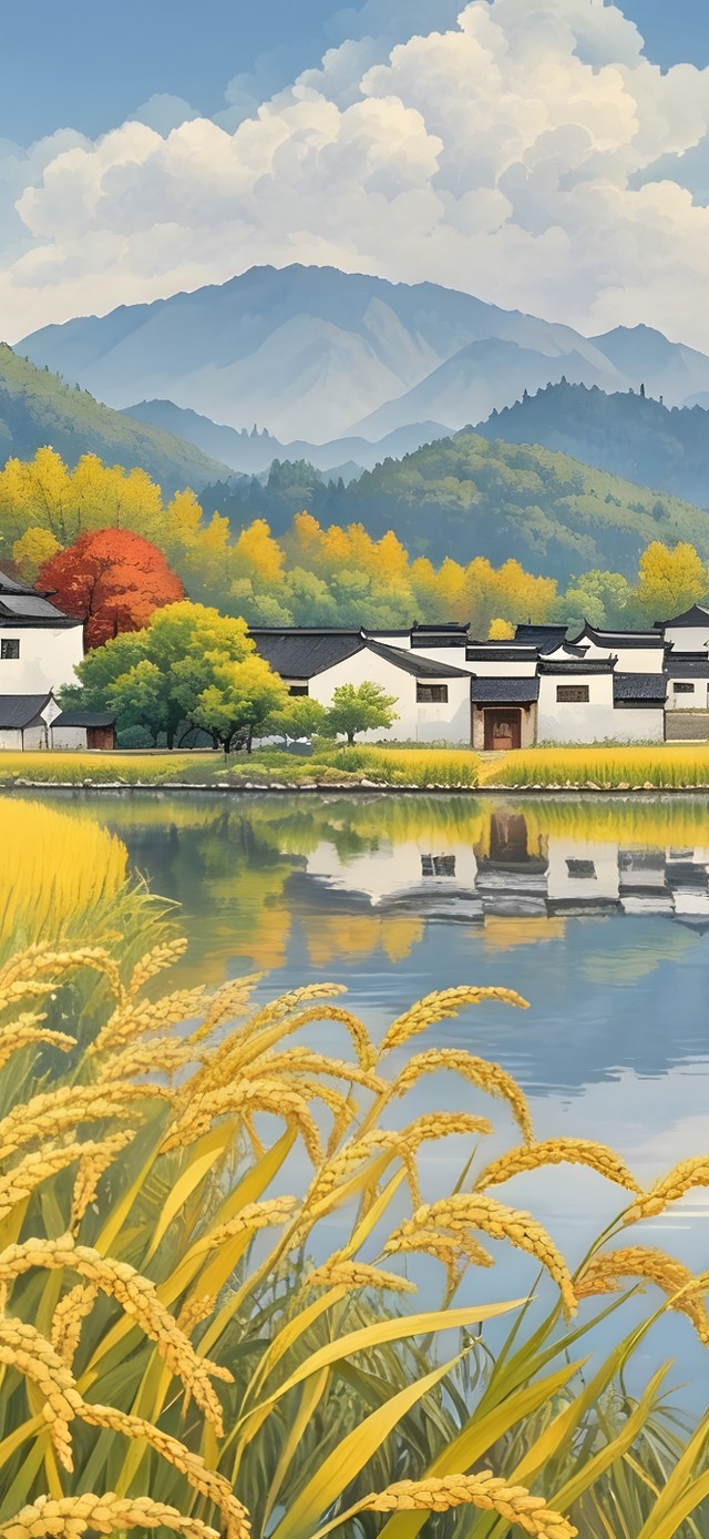 秋天的稻田小镇