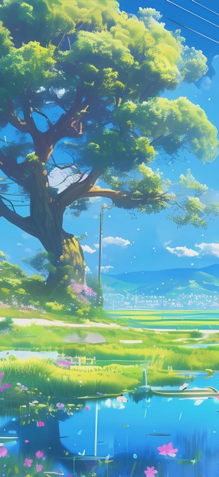 护眼蓝天白云河流景色