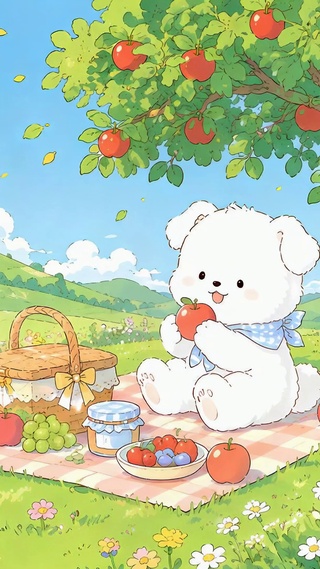 苹果树下野餐可爱小白熊