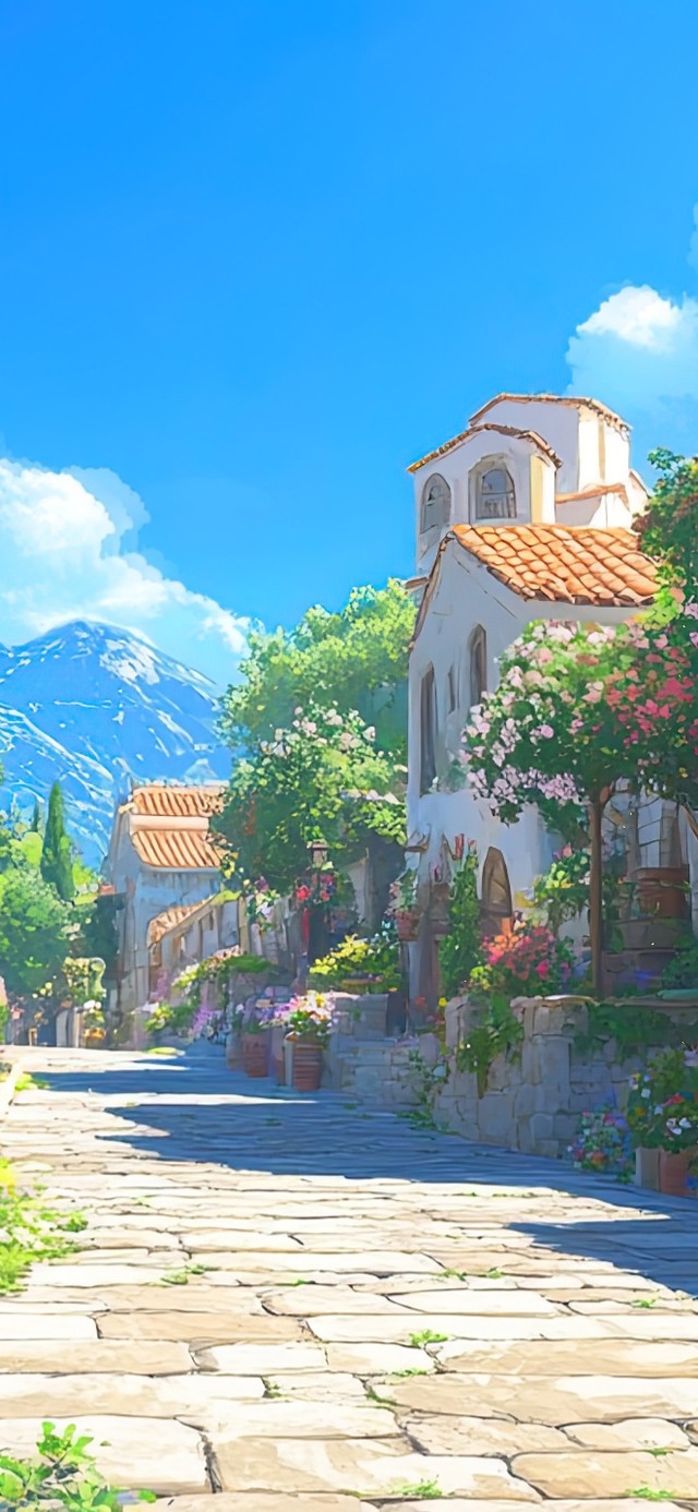 蓝天阳光静谧小镇