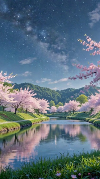 星空下樱花河畔唯美风景