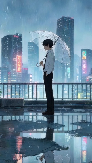 雨中撑伞少年