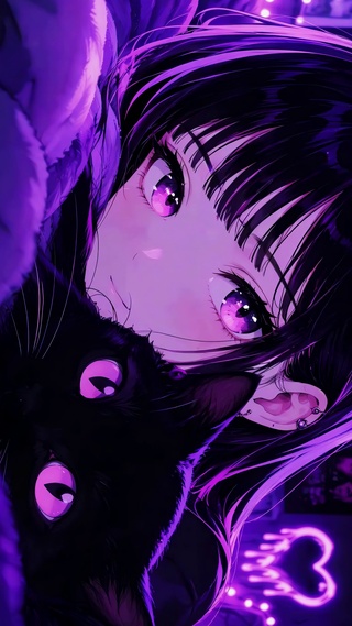 紫色氛围感美少女与黑猫