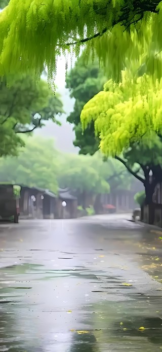 雨天绿色大树
