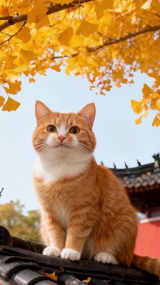 深秋落叶红墙下的小奶猫眺望远方