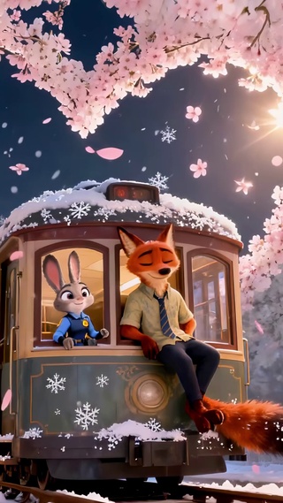 雪天樱花下浪漫列车行尼克和朱迪
