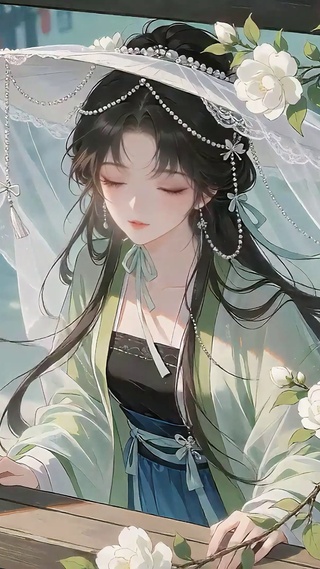 栀子花窗帷帽古风少女