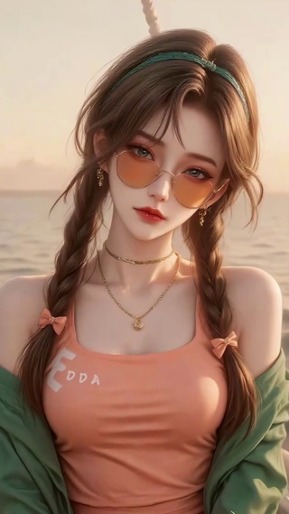 海上日落清纯少女