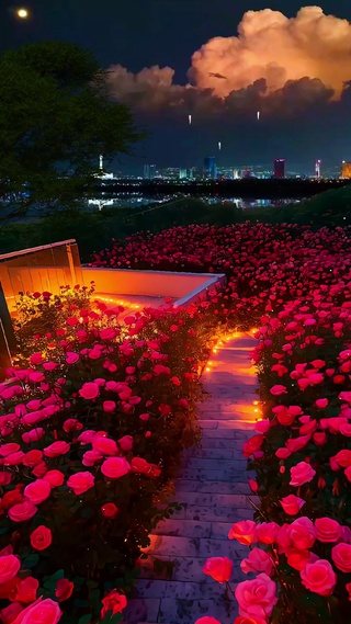 浪漫的花海与烟花