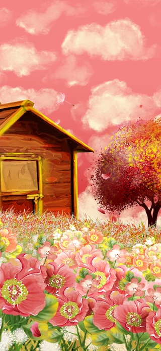 晚霞花开和小屋