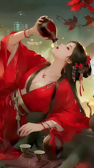 古风动漫-檐上借酒消愁的少女