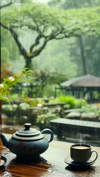 雨天庭院小屋品茶
