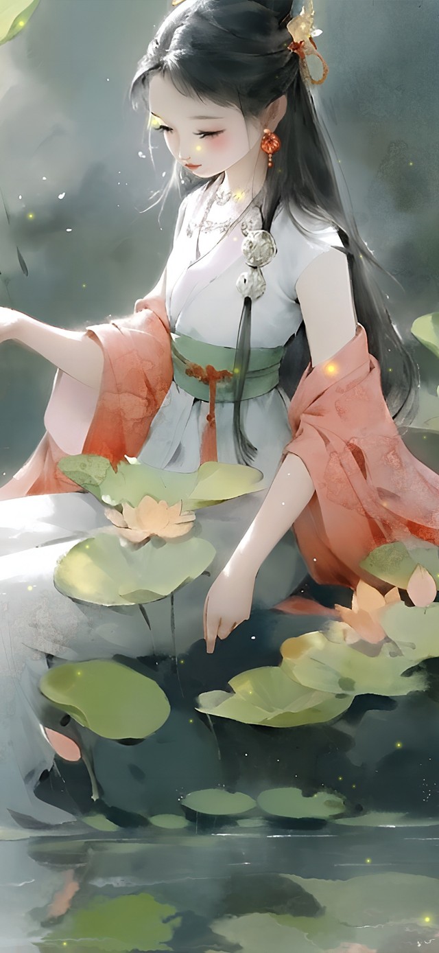 荷塘月色中萤火虫与少女