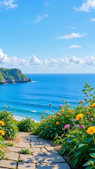 蓝天下的海岸野花小径