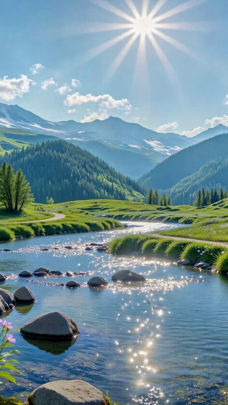 晴天山谷溪流治愈风景
