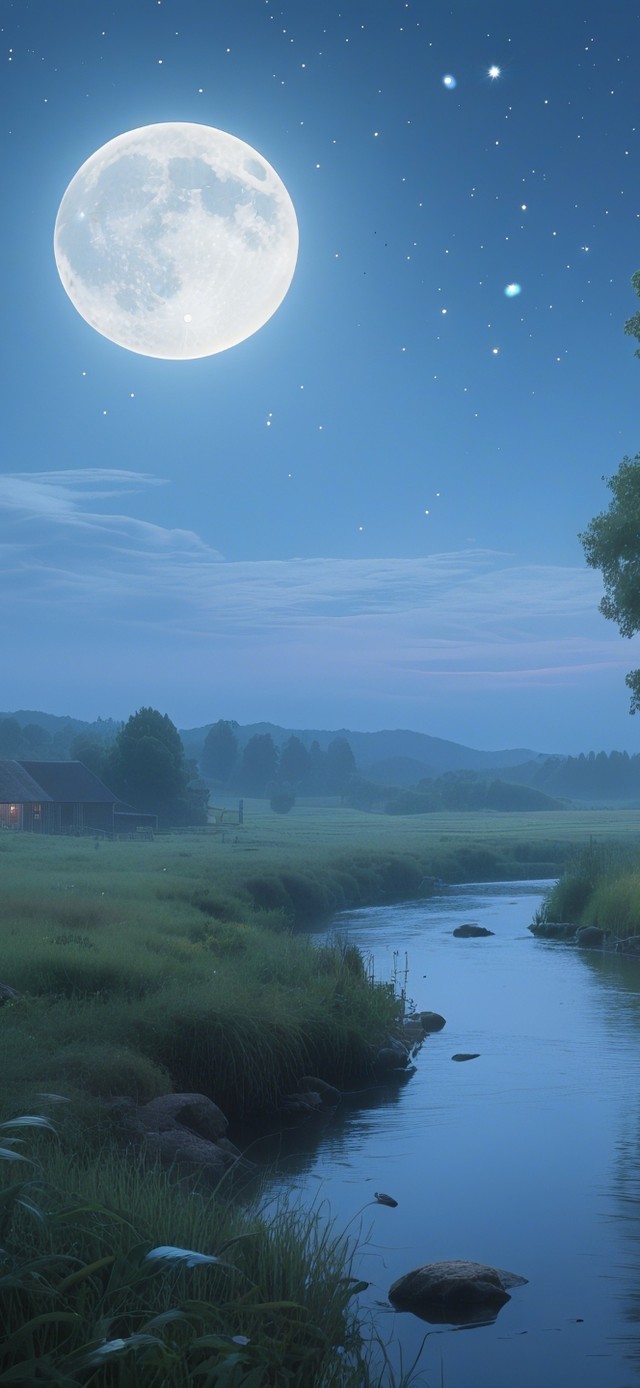 夜晚小河边房屋