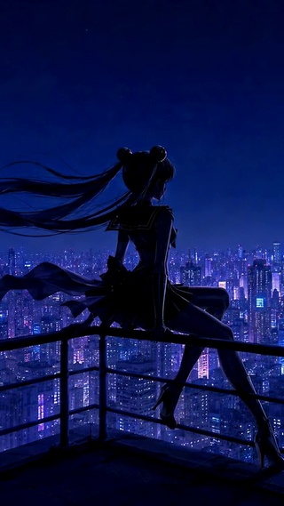 夜色天台眺望都市的美少女