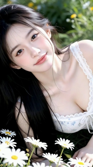 雏菊花丛的清纯美少女