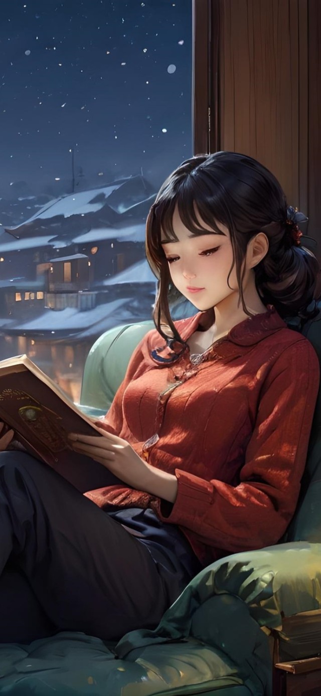 冬夜窗边看书女孩