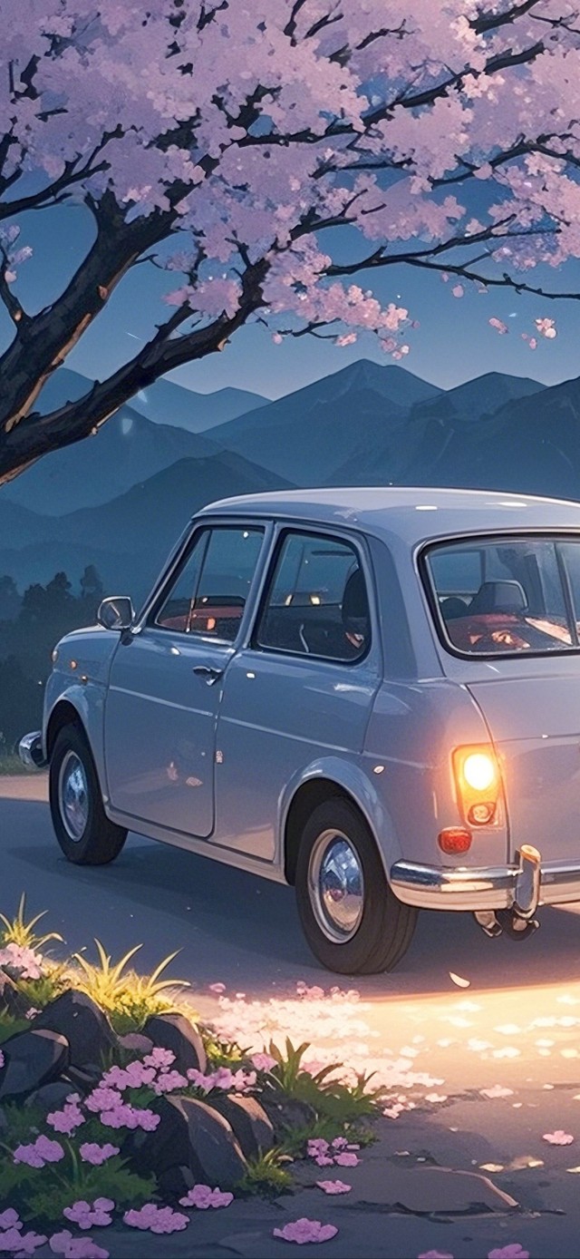 夜晚山顶小汽车俯瞰小镇