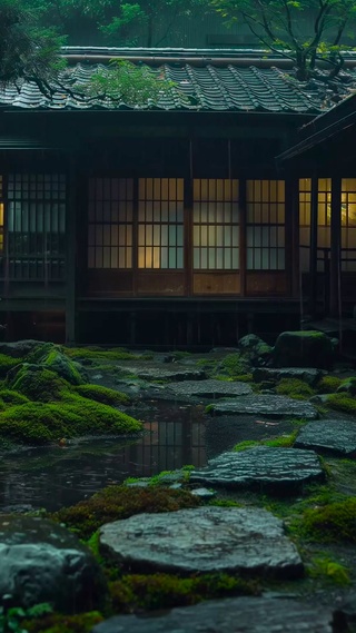 雨天木屋庭院 